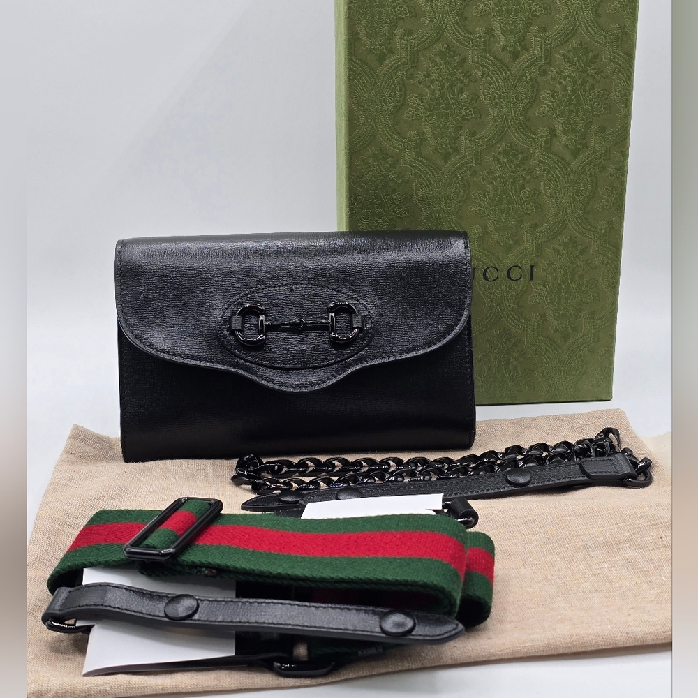 21A❤️NWT Gucci Mini Horsebit 1995 Black Leather 2 Way bag